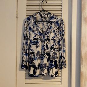 Karl Lagerfeld Indigo Floral Button Up Top